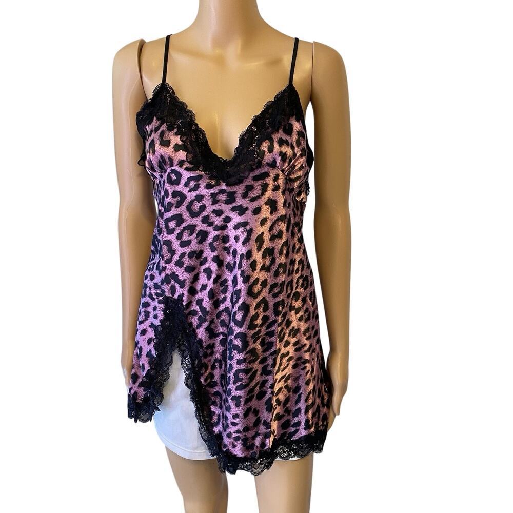 Y2K Babydoll TankTop L Purple Black Satin Lace Trim Fairycore Boho Lingerie Sexy